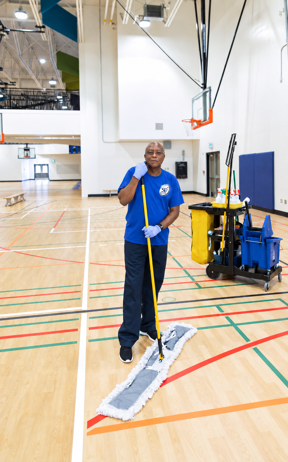 Illustrative cleaner in a blue K7 T-shirt cleaning a school gym
