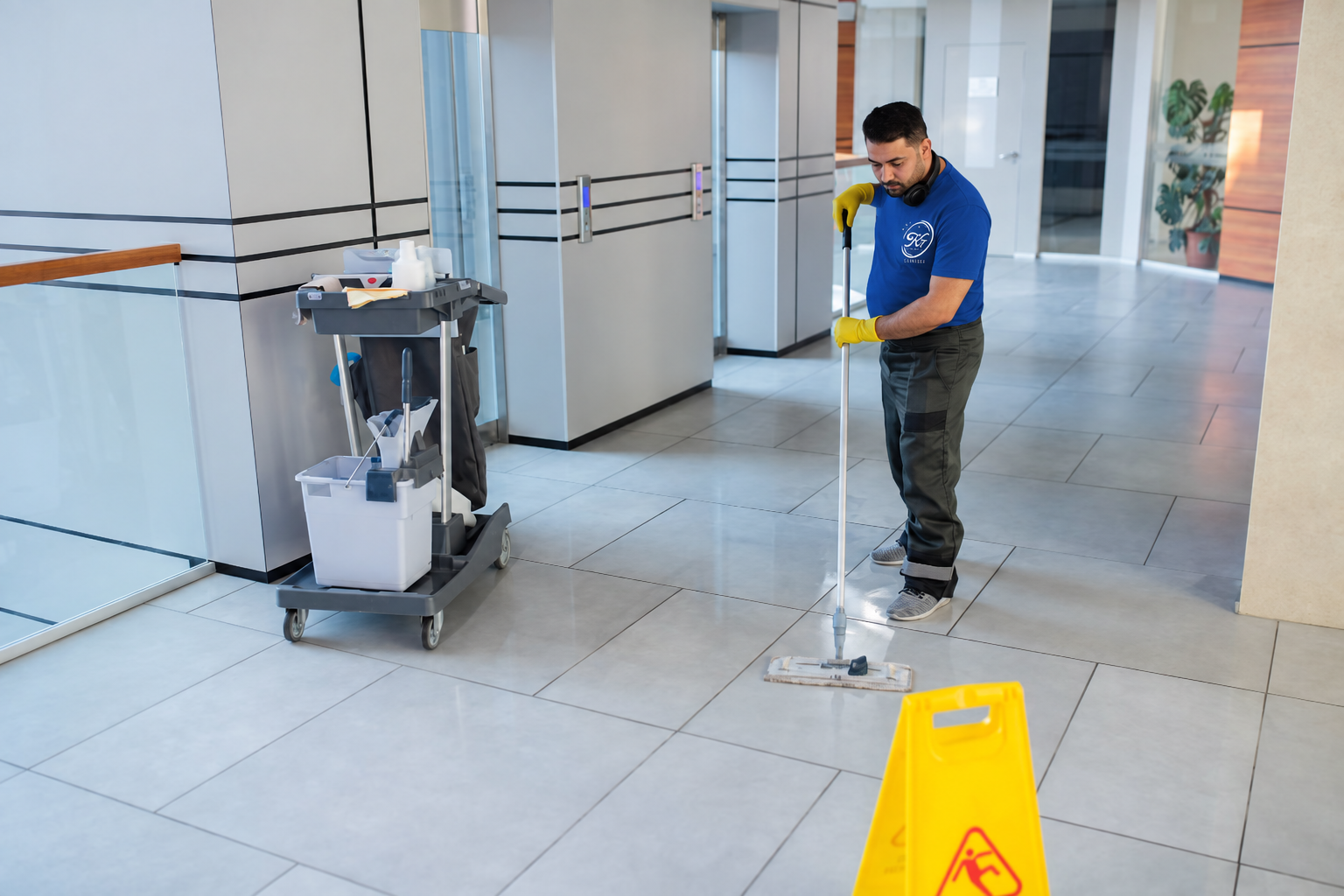 Illustrative cleaner in a blue K7 T-shirt mopping a tiled commercial corridor