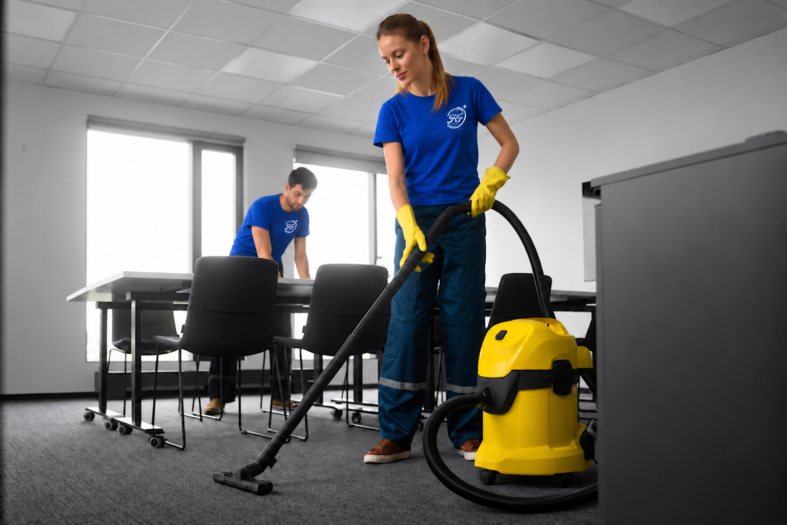 Illustrative cleaners in blue K7 T-shirts vacuuming and cleaning an office